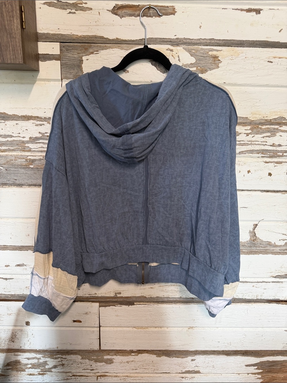POL Blue and Cream Hooded distressed Zip Bomber Jacket - Picture 7 of 10